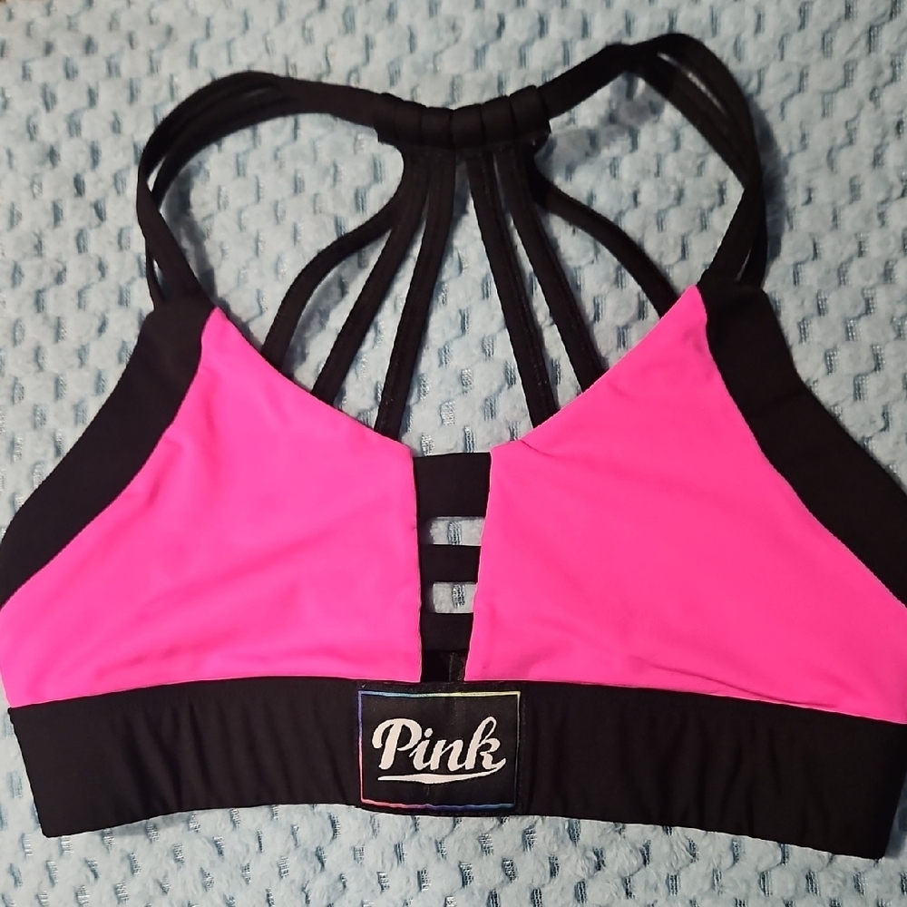 PINK Victoria's Secret Strappy Neon Pink Black Sports Bra